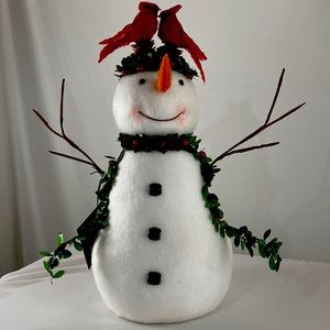 Adorable table top Snowman with Cardinals nesting atop his head